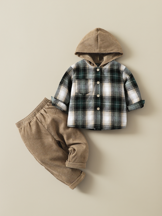 2 Pc Baby Boy Contrast Hooded Button up Plaid Shirt with matching Corduroy Pant Set