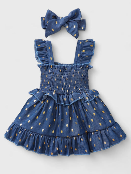 2 Pc Baby Girl Gold Polka Dot Ruffle Chambray Dress