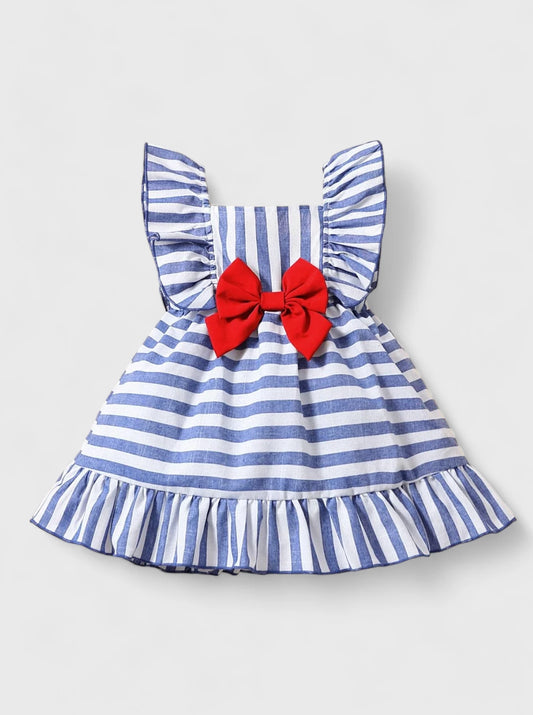 Baby Girl Flutter Sleeve strip Bow Dress