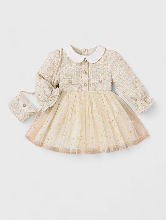 Baby Girl Tweed Golden Star Dress with Bag