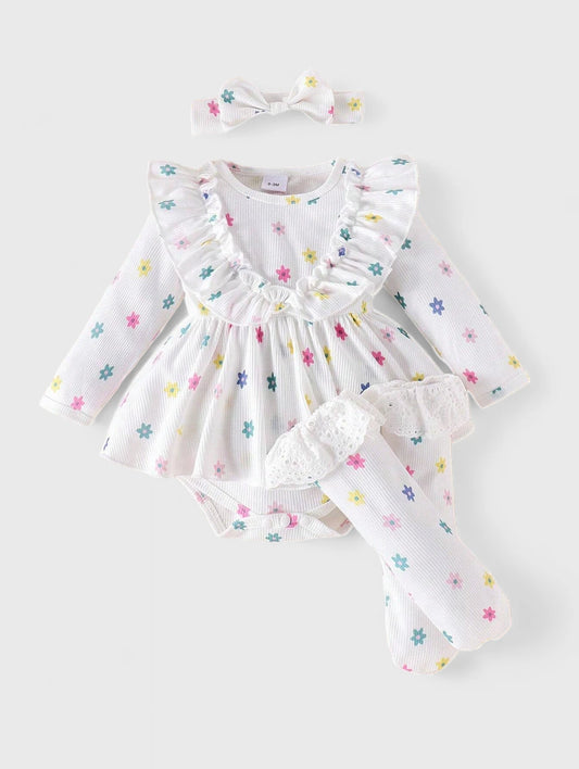 3 pc Baby Girl Rainbow Daisy Bodysuit set
