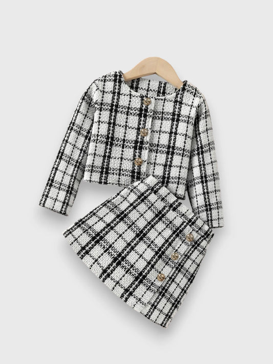 2 Pcs Toddler Girl Black and Beige tweed Chic Button up Jacket and Skirt