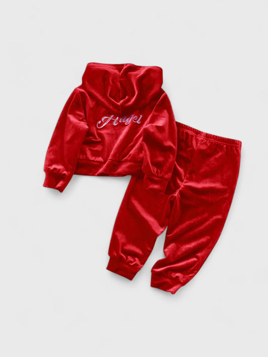 Red velvet baby girls' hooded top with Angel lettering and matching pants.