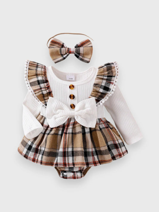Cream and brown plaid skirted baby bodysuit with matching bow headband