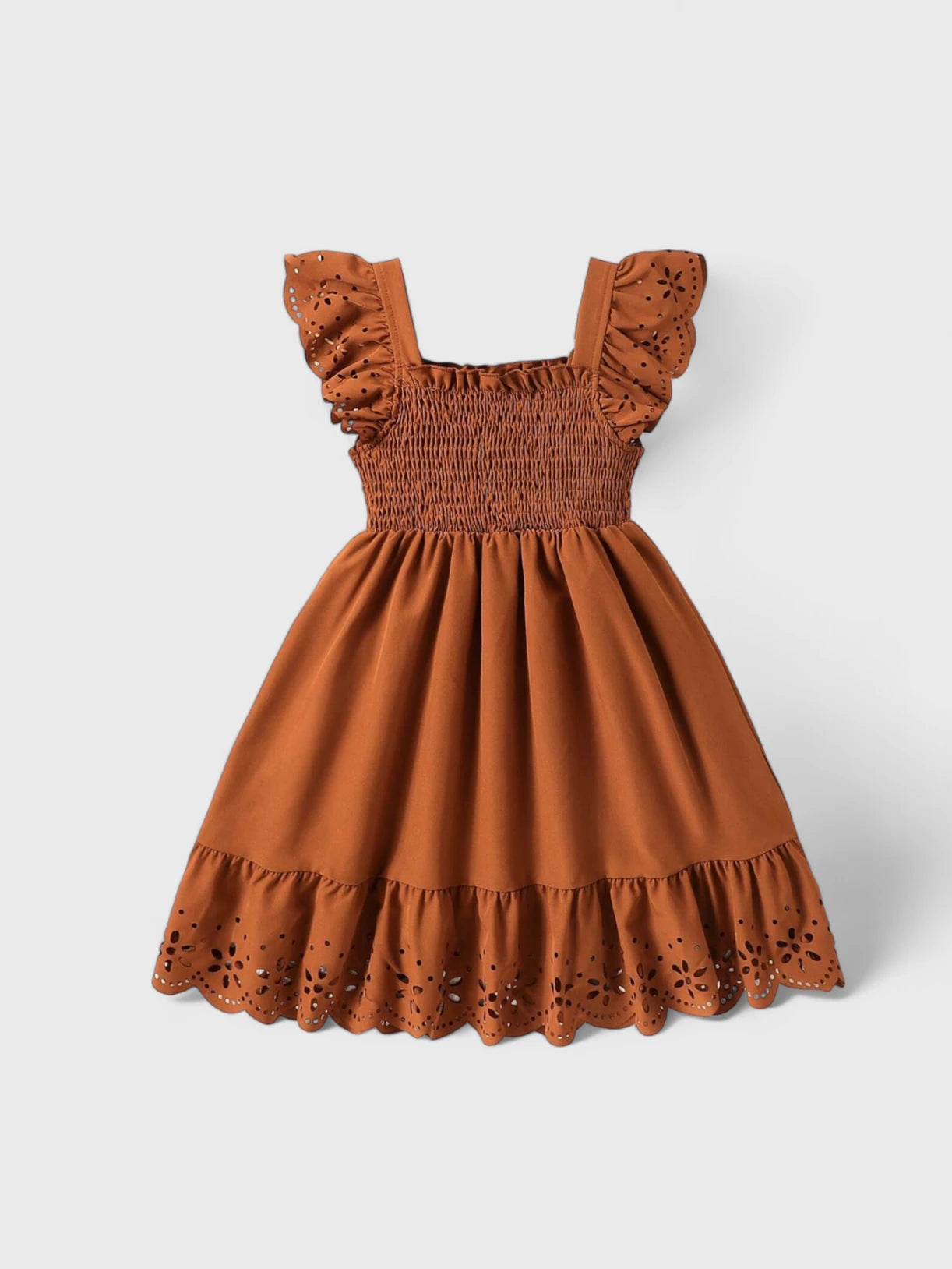 Girls Laser Cut Out Square Neck Dress 5 Y / Rust