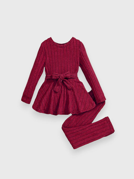 Burgundy toddler girls' long-sleeve peplum top with waist bow and matching pants.