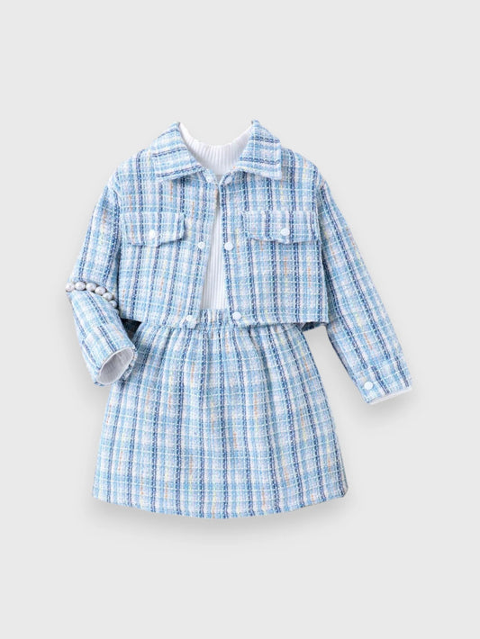 3 Pcs Girls Tweed Jacket Skirt Set