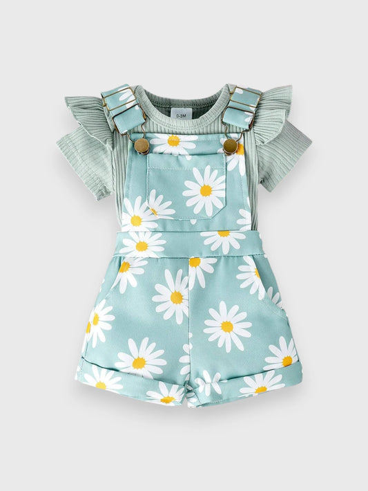 2 Pc Baby Girl Daisy Overall Shorts with Bodysuit