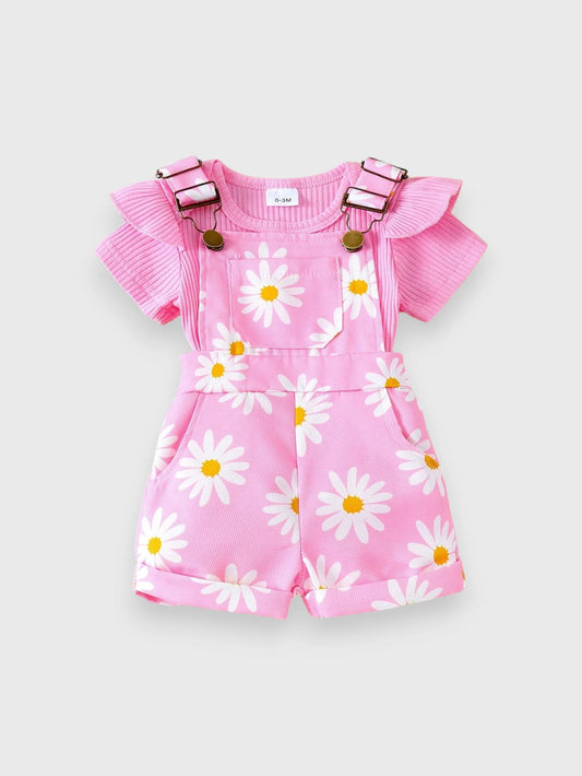 2 Pc Baby Girl Daisy Overall Shorts with Bodysuit