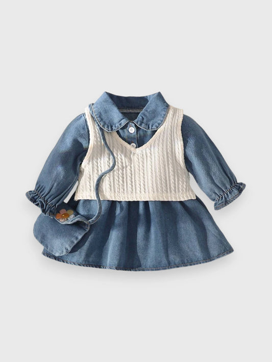3 Pc Baby Girl Denim Tier Dress with Knit Vest