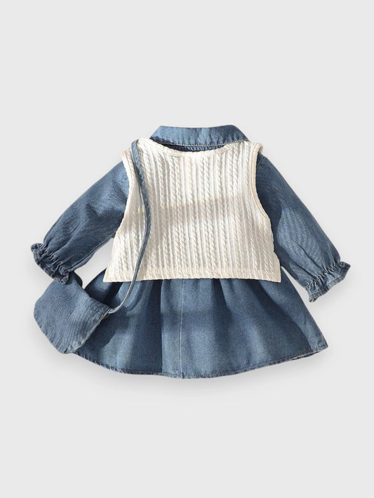 3 Pc Baby Girl Denim Tier Dress with Knit Vest