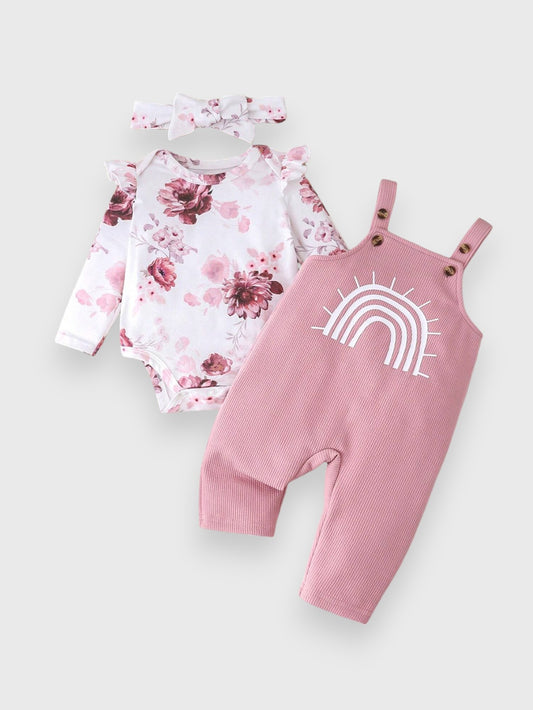 3 Pcs Baby Girl Floral Rainbow Overall Set