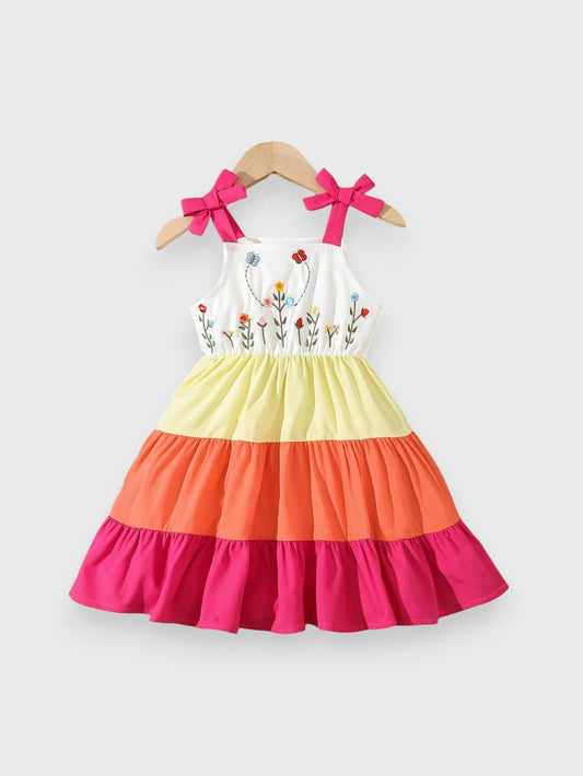 Girls Flower Embroidered Tiered Ombre Dress
