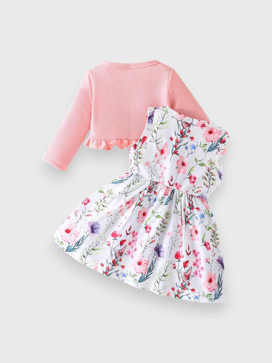2 Pc Baby Girl Ruffle Caridgan Floral Print Dress