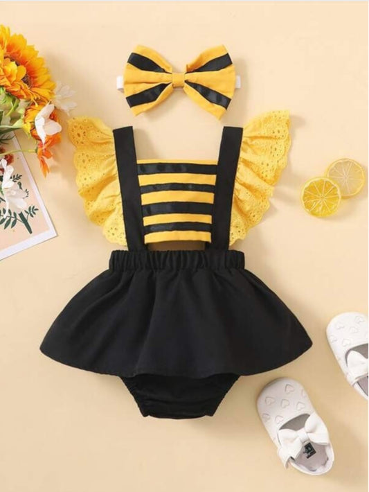 2 Pcs Baby Girl Bumble Bee Cutout Dress