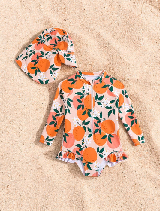 2 Pc Baby Girl Orange One-Piece Swimsuit with Hat