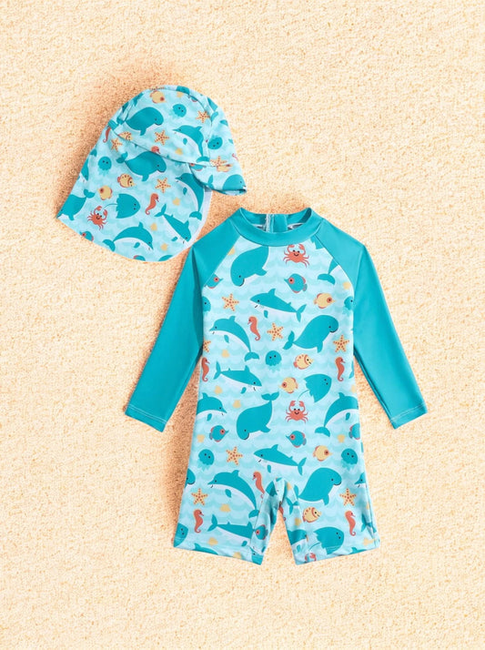 2 Pc Baby Boy Sea Swim Romper with Hat