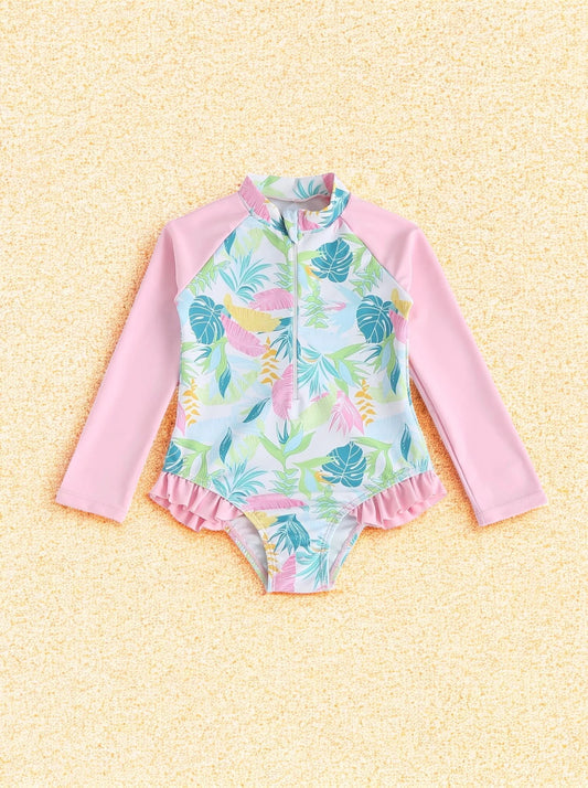 Girls Tropical Leaves One Piece Swimsuit