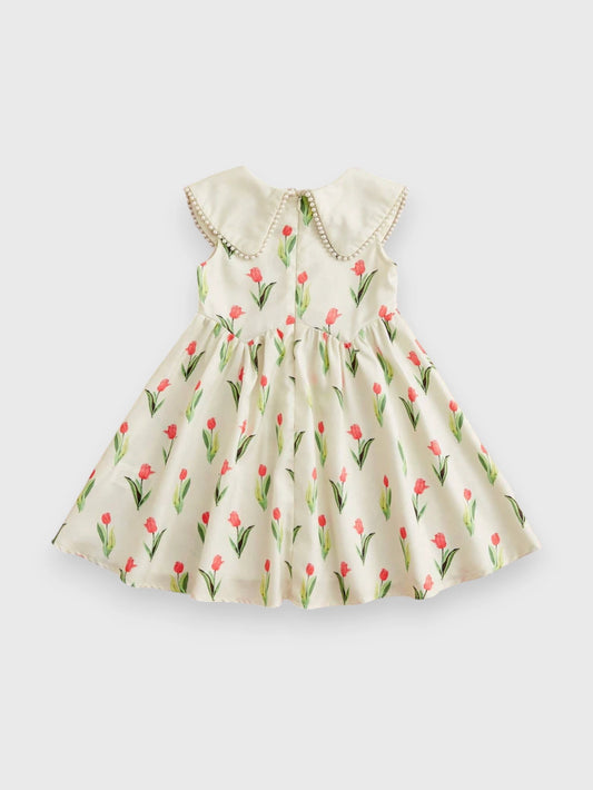 Girls Tulip Print Pearl Collar Dress