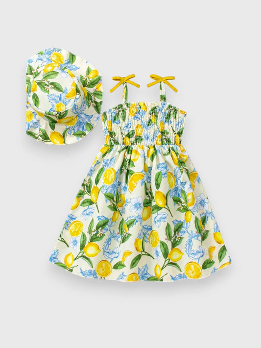 Girl Lemon Print Sundress with Hat