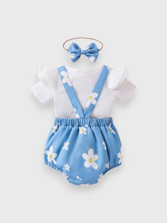 3 Pcs Baby Girl Daisy Print Overall Bodysuit Set