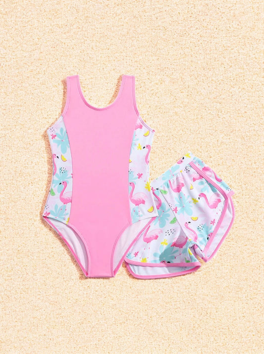 Girls Colorblock Flamingo Swimsuit with Shorts