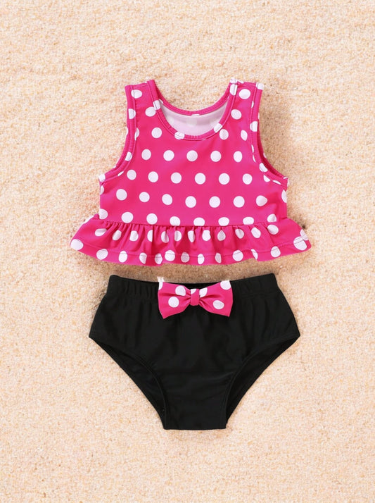 Girls Polka Dot & Bow 2 Piece Swimsuit