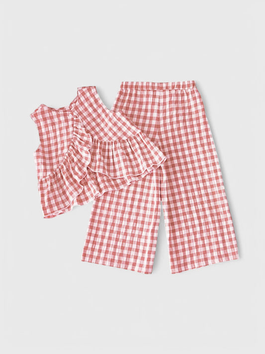 2 Pc Gingham Plaid Ruffle Trim Set