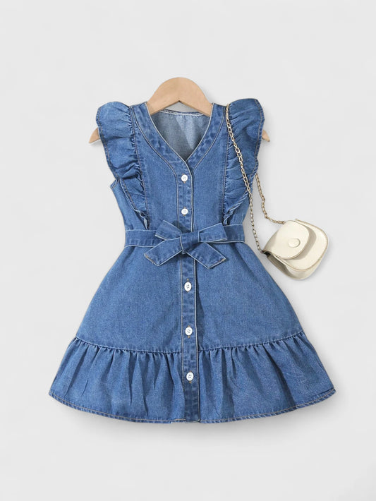 Girls Ruffle Belted Denim Dress