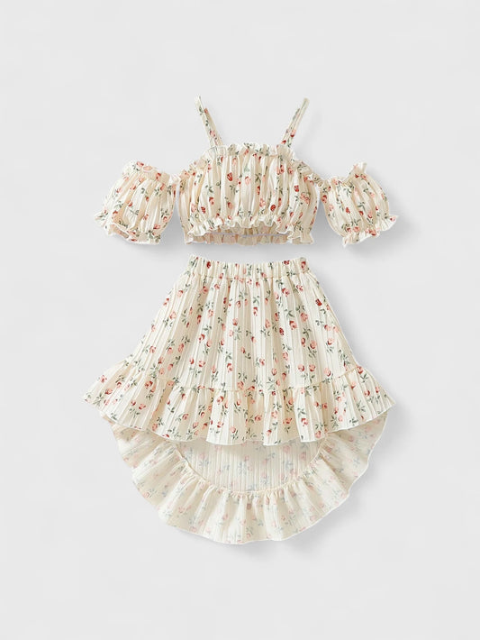 2 Pc Ditsy Floral Off Shoulder Top with Skirt