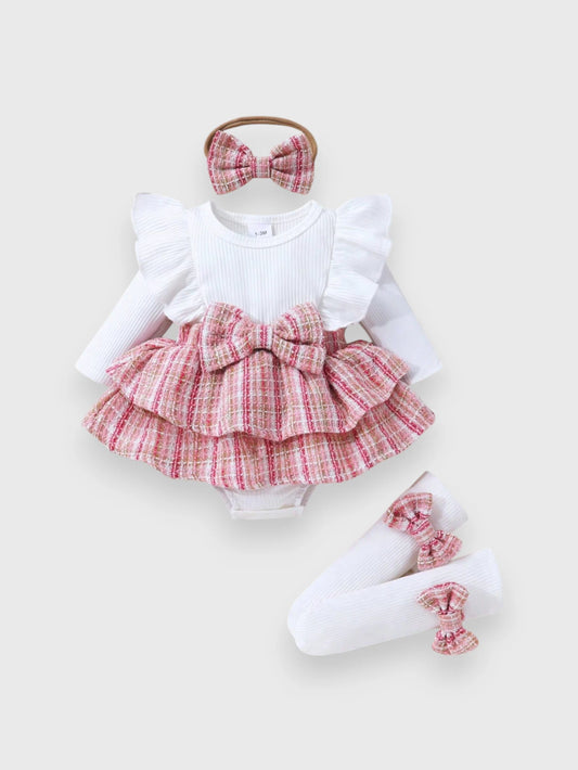 3 Pcs Baby Girl Skirt Tweed Bow Set