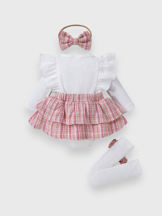 3 Pcs Baby Girl Skirt Tweed Bow Set