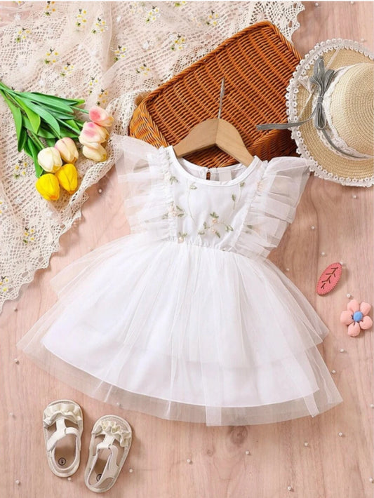 Baby Girl Flower Embroidered Bodice Ruffle Dress