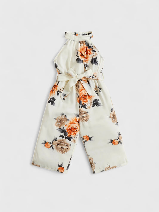 Baby Girl Halter Floral Belted Jumpsuit