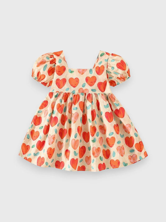 Baby Girl Heart Printed Puff Sleeve Dress