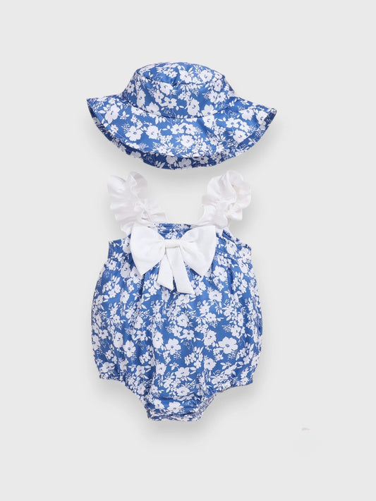 2 Pc Baby Girl Floral Bow Bodysuit with Hat