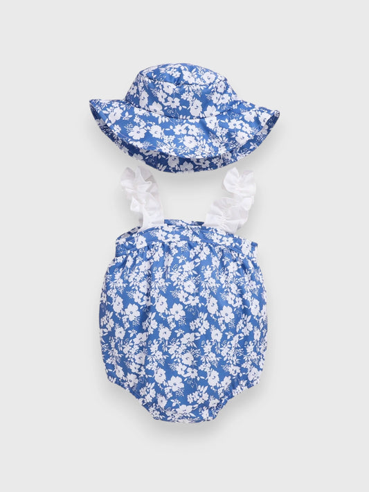 2 Pc Baby Girl Floral Bow Bodysuit with Hat