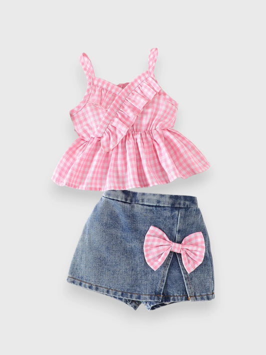 2 Pc Baby Girl Gingham Denim Set