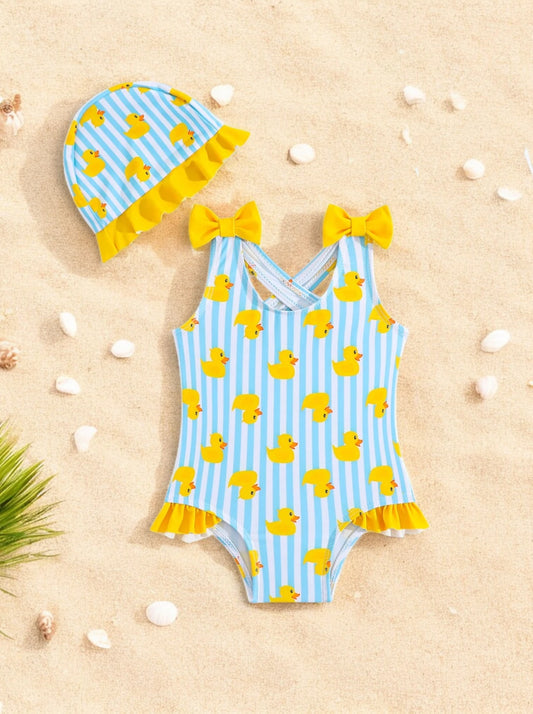 2 Pc Baby Girl Rubber Ducky Stripe Swimsuit
