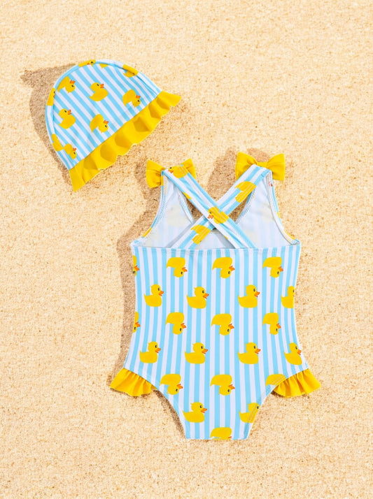 2 Pc Baby Girl Rubber Ducky Stripe Swimsuit