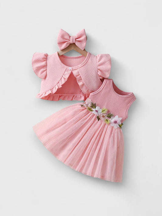 3 Pcs Baby Girl Flower Applique Dress with Bolero Set