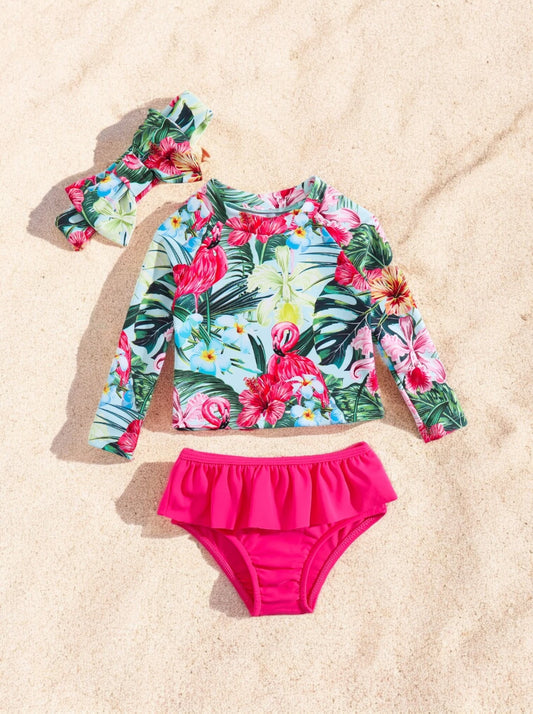 3 Pc Baby Girl Tropical Flower Print Swimsuit Set