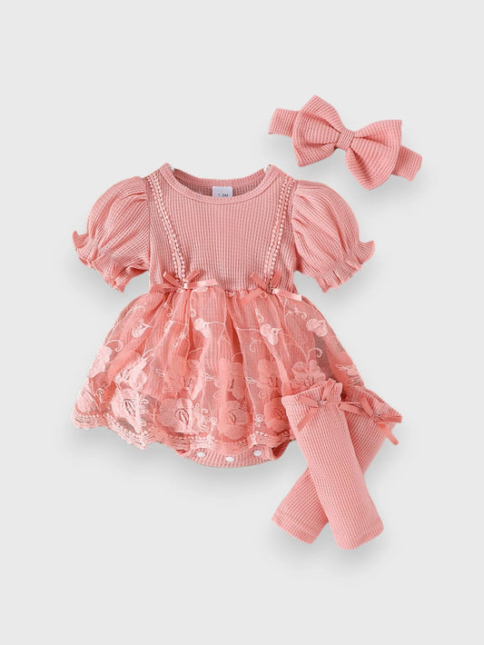 3 Pcs Baby Girl Sheer Emb Skirt Bodysuit Set