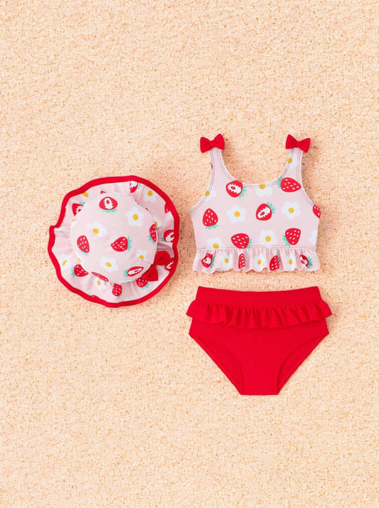 2 Pc Baby Girl Ruffle Swimsuit with Hat