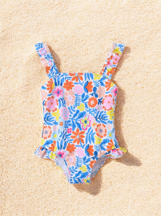 Girls Flower Ruffle One Piece Swimsuit