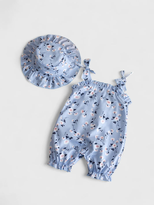 2 Pc Baby Girl Floral Romper with Hat