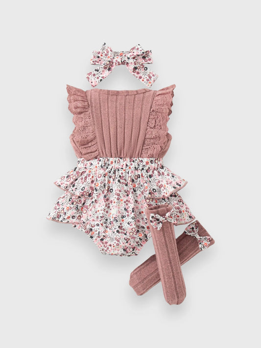 3 Pcs Baby Girl Ditsy Floral Romper Set