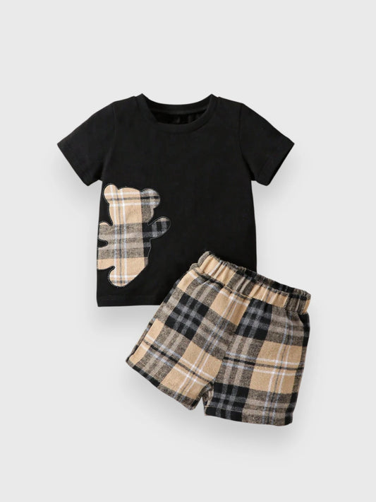 2 Piece Baby Boy Brown Plaid Bear Tee Set