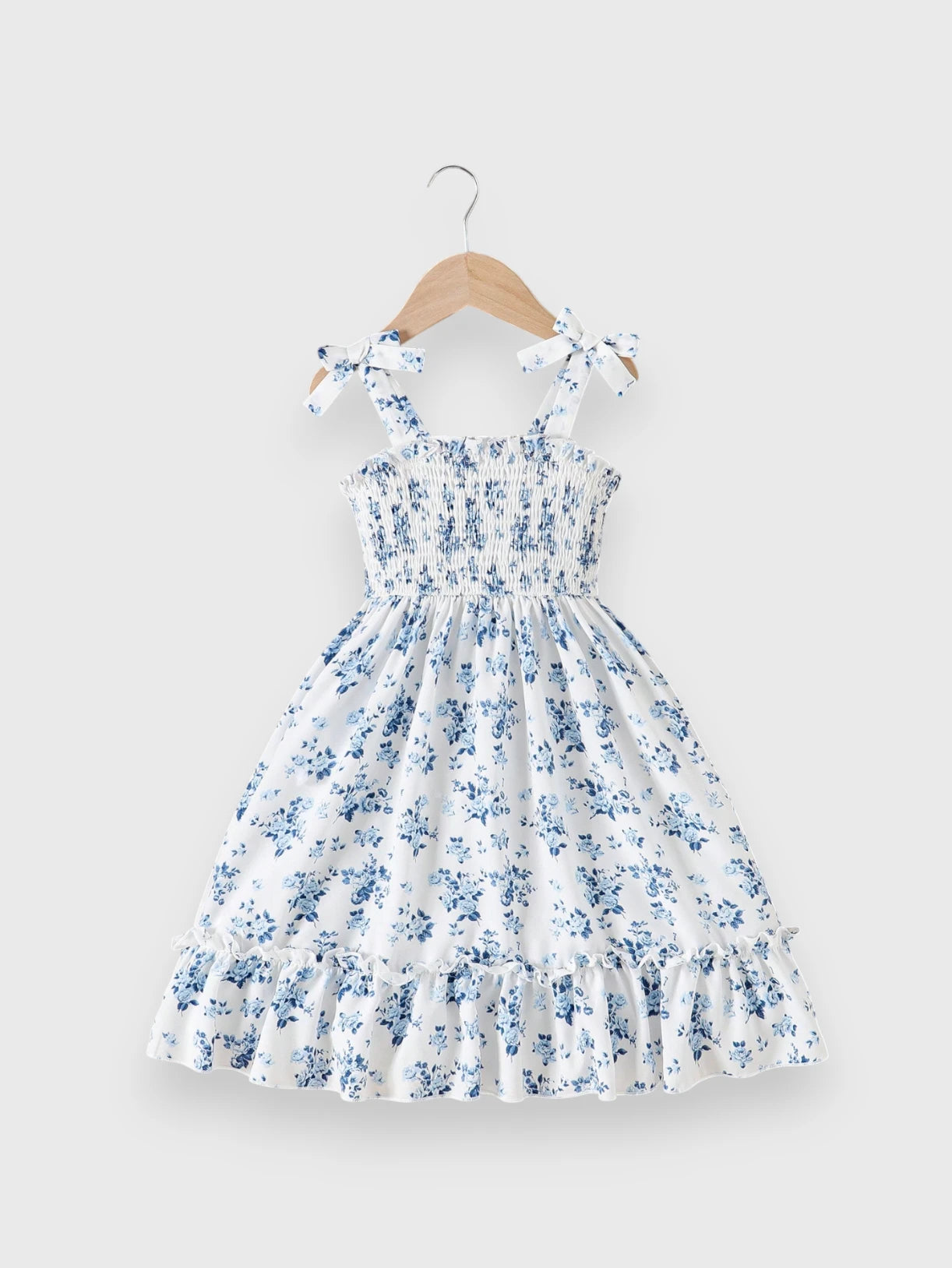 Girls Floral Shirred Bowknot Midi Dress 7 Y / Blue Girls Floral Shirred Bowknot Midi Dress 7 Y / Blue