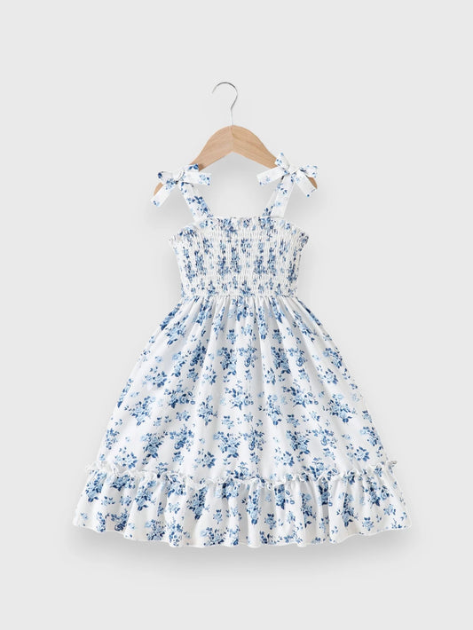Girls Floral Shirred Bowknot Midi Dress
